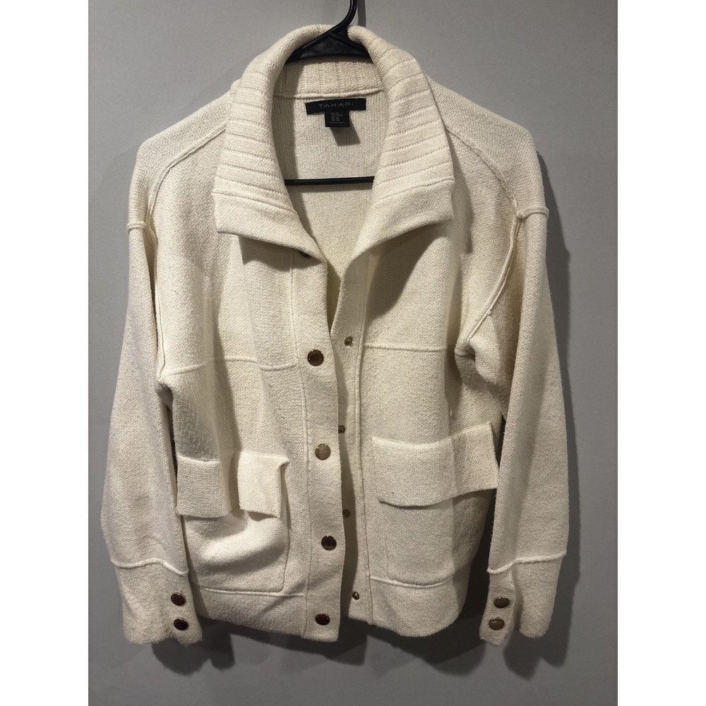 Tahari Women's Cream Textured Knit Button=Up Sweater